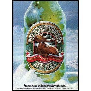 1984 Moosehead Beer Canadian Lager Vintage Print Ad Green Bottle Glacier Photo